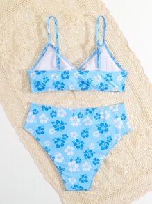 SHEIN Teen Girls Floral Print Ring Linked Bikini Set Summer Beach - Blue - View 2
