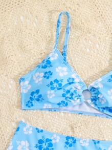 SHEIN Teen Girls Floral Print Ring Linked Bikini Set Summer Beach - Blue - View 3