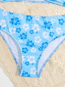 SHEIN Teen Girls Floral Print Ring Linked Bikini Set Summer Beach - Blue - View 4