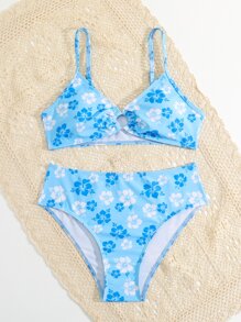SHEIN Teen Girls Floral Print Ring Linked Bikini Set Summer Beach - Blue - View 5