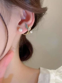 Faux Pearl & Leaf Decor Earring Jackets - Multicolor - View 2