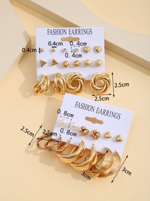 24入組心和花朵設計耳環 - 金黃色 - 查看 3