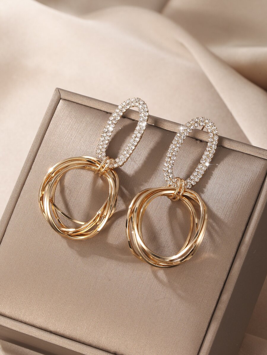 Rhinestone Decor Circle Drop Earrings - Yellow Gold - View 1