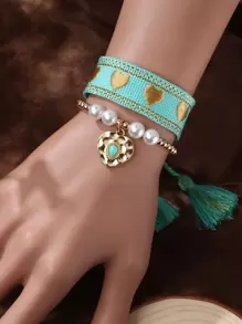 2 cái/bộ Vòng tay trang trí tua rua thêu trái tim - Nhiều màu - Xem 1