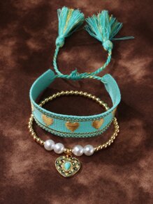 2 cái/bộ Vòng tay trang trí tua rua thêu trái tim - Nhiều màu - Xem 2