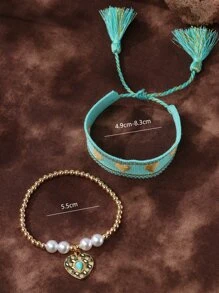 2 cái/bộ Vòng tay trang trí tua rua thêu trái tim - Nhiều màu - Xem 3