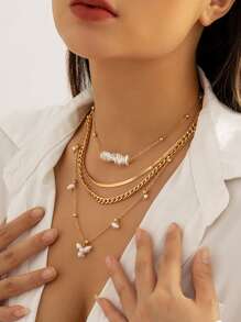 4pcs Multilayered Beaded Snake Bone Chain, Faux Pearl Necklace, Lady's Collarbone Chain - Yellow Gold - View 3