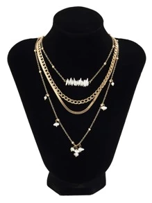 4pcs Multilayered Beaded Snake Bone Chain, Faux Pearl Necklace, Lady's Collarbone Chain - Yellow Gold - View 5