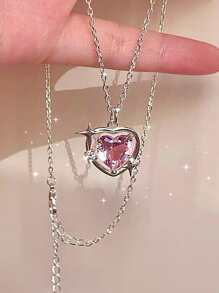 水鑽裝飾愛心掛飾項鍊 - 彩色 - 查看 2