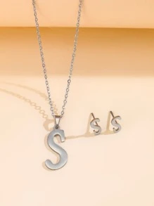 3 piezas/set Set joya con diseño de letra - Plateado - Ver 1