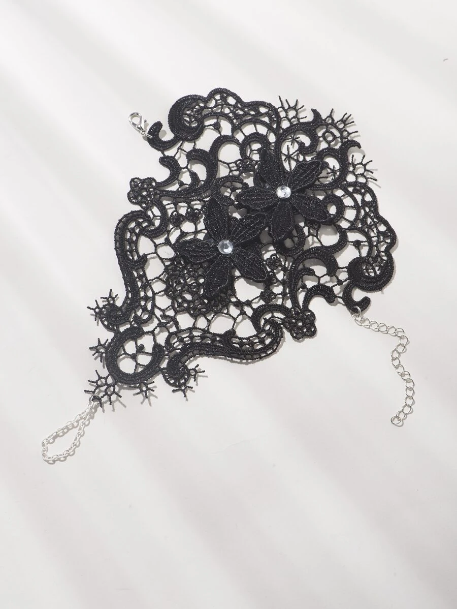 水鑽和花朵裝飾手環 - 黑色 - 查看 1