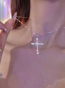 Cubic Zirconia Cross Charm Necklace - Silver - View 3