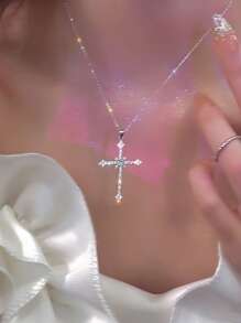 Cubic Zirconia Cross Charm Necklace - Silver - View 6