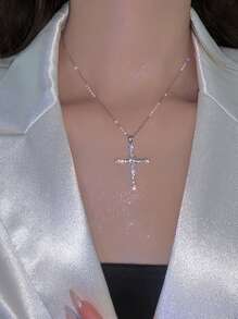 Cubic Zirconia Cross Charm Necklace - Silver - View 7