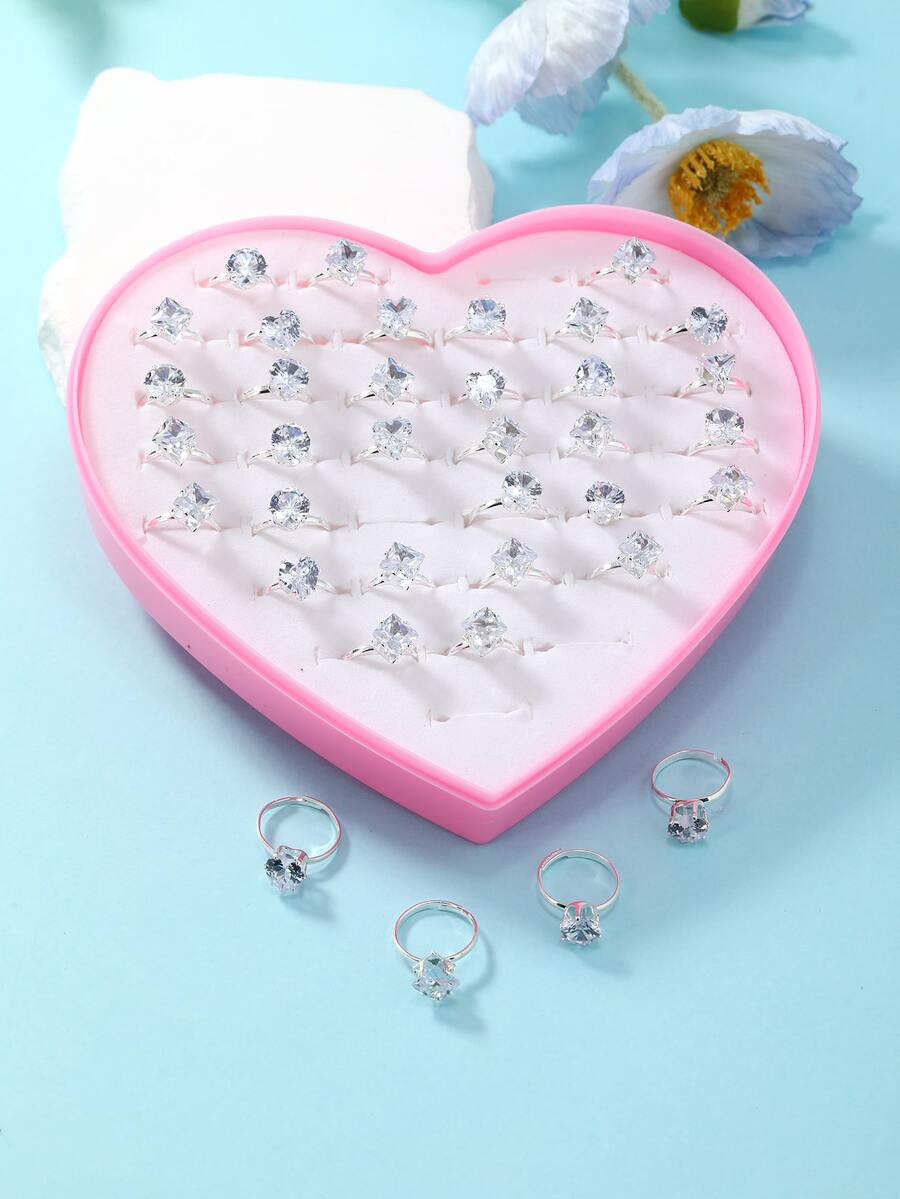 36 cái/bộ Nhẫn Trang Trí Đính Đá Cubic Zirconia Cho Bé Gái - Bạc - Xem 1