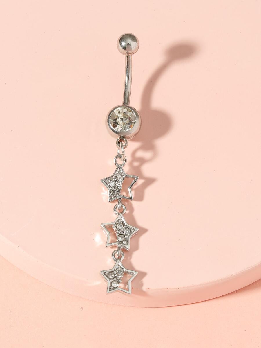 1pc Five-Star Long Chain Belly Button Ring For Women With Rhinestone Decoration, Summer Body Piercing Jewelry - Silver - View 1