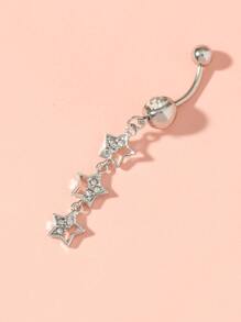 1pc Five-Star Long Chain Belly Button Ring For Women With Rhinestone Decoration, Summer Body Piercing Jewelry - Silver - View 2