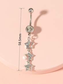 1pc Five-Star Long Chain Belly Button Ring For Women With Rhinestone Decoration, Summer Body Piercing Jewelry - Silver - View 3