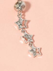 1pc Five-Star Long Chain Belly Button Ring For Women With Rhinestone Decoration, Summer Body Piercing Jewelry - Silver - View 4