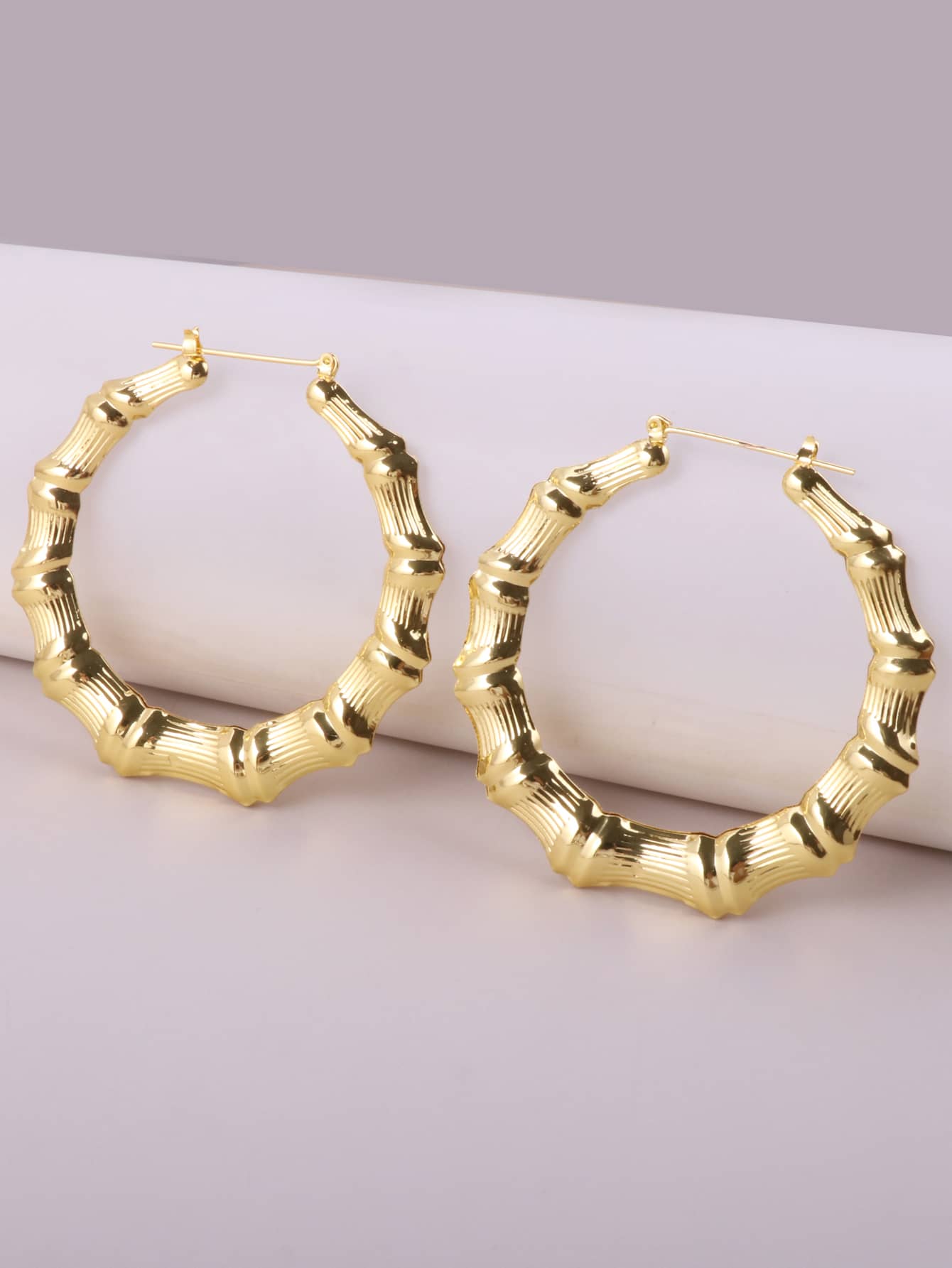 竹節設計圓耳環 - 金黃色 - 查看 1