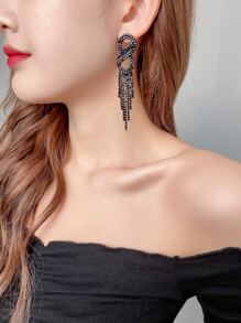 Rhinestone Tassel Drop Earrings - Black - View 3