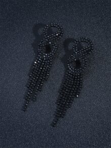 Rhinestone Tassel Drop Earrings - Black - View 5