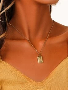 Flower Detail Rectangle Charm Necklace - Gold - View 1