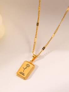 Flower Detail Rectangle Charm Necklace - Gold - View 2