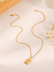 Flower Detail Rectangle Charm Necklace - Gold - View 3
