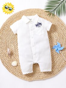 Baby Coconut Tree Print Pocket Patched Shirt Romper - White - View 1