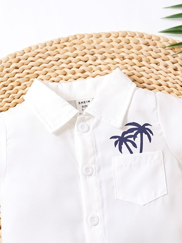 Baby Coconut Tree Print Pocket Patched Shirt Romper - White - View 3