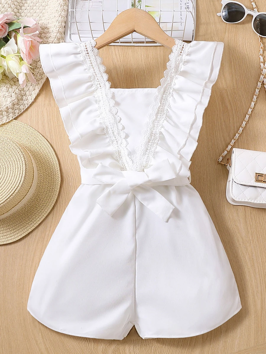 Young Girl Guipure Lace Insert Ruffle Trim Belted Jumpsuit - White - View 1
