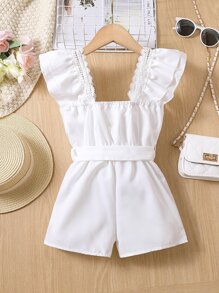 Young Girl Guipure Lace Insert Ruffle Trim Belted Jumpsuit - White - View 2