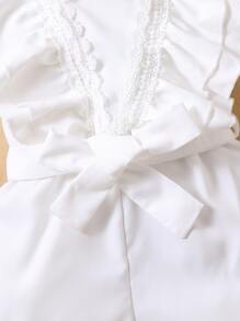 Young Girl Guipure Lace Insert Ruffle Trim Belted Jumpsuit - White - View 3