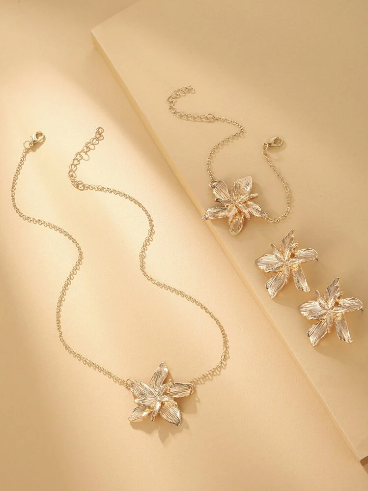 4pcs/set Flower Decor Jewelry Set - Yellow Gold - View 2