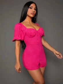 SHEIN SXY Áo liền quần nữ Lộ Lưng Dải chun Nút phía trước Nếp gấp Phần Ngực màu trơn Giải trí - Màu Hồng Tươi - Xem 3