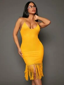 SHEIN SXY Fringe Hem Backless Halter Neck Bodycon Dress - Yellow - View 1