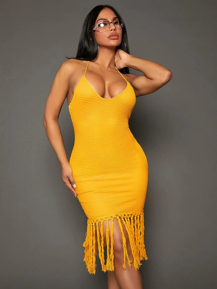 SHEIN SXY Fringe Hem Backless Halter Neck Bodycon Dress - Yellow - View 1