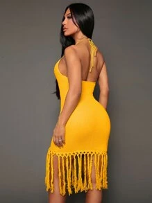 SHEIN SXY Fringe Hem Backless Halter Neck Bodycon Dress - Yellow - View 2