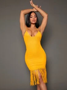 SHEIN SXY Fringe Hem Backless Halter Neck Bodycon Dress - Yellow - View 3