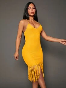 SHEIN SXY Fringe Hem Backless Halter Neck Bodycon Dress - Yellow - View 4
