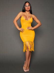 SHEIN SXY Fringe Hem Backless Halter Neck Bodycon Dress - Yellow - View 5