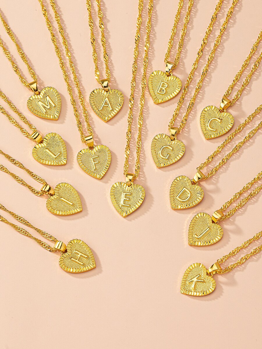 1入組字母細節愛心掛飾項鍊 - 金黃色 - 查看 1
