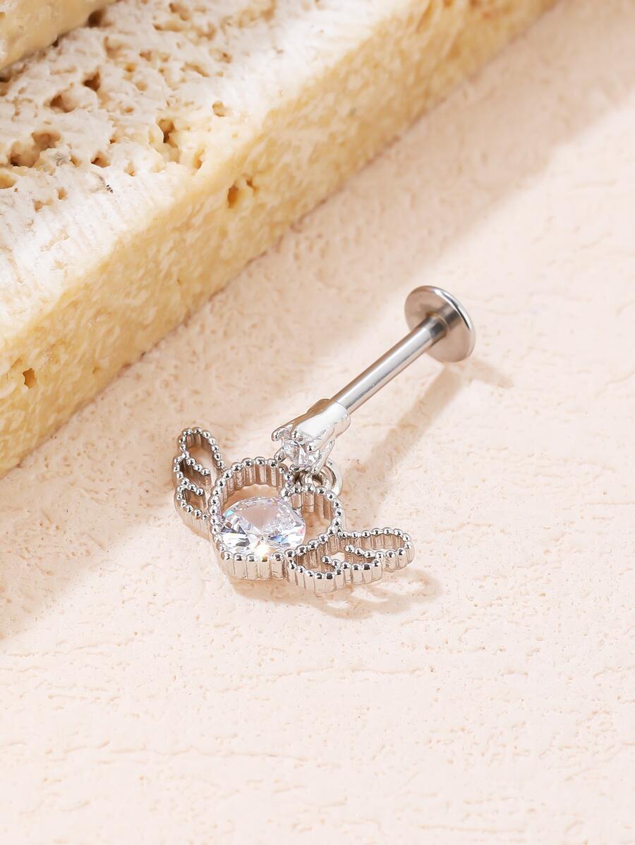 1pc Heart & Wing Decor Stud Earring - Silver - View 1