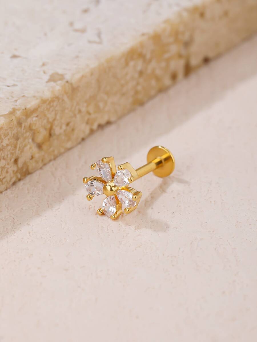 1入組方晶鋯石花朵裝飾耳釘 - 金黃色 - 查看 1