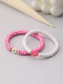 2pcs/set Flower Decor Beaded Bracelet