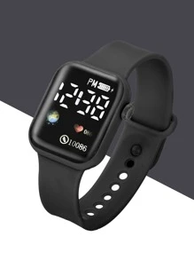 1pc Men Square Electronic Watch & 1pc Beaded Bracelet - Black - View 2