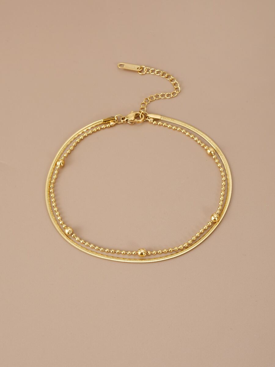 珠子裝飾分層腳鏈 - 金黃色 - 查看 1