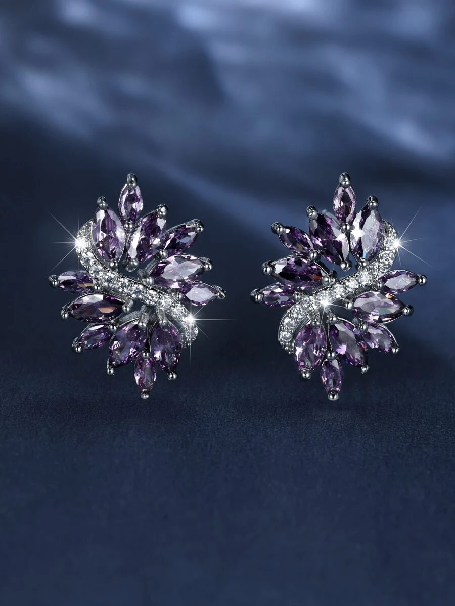 水鑽裝飾耳釘 - 紫色 - 查看 1