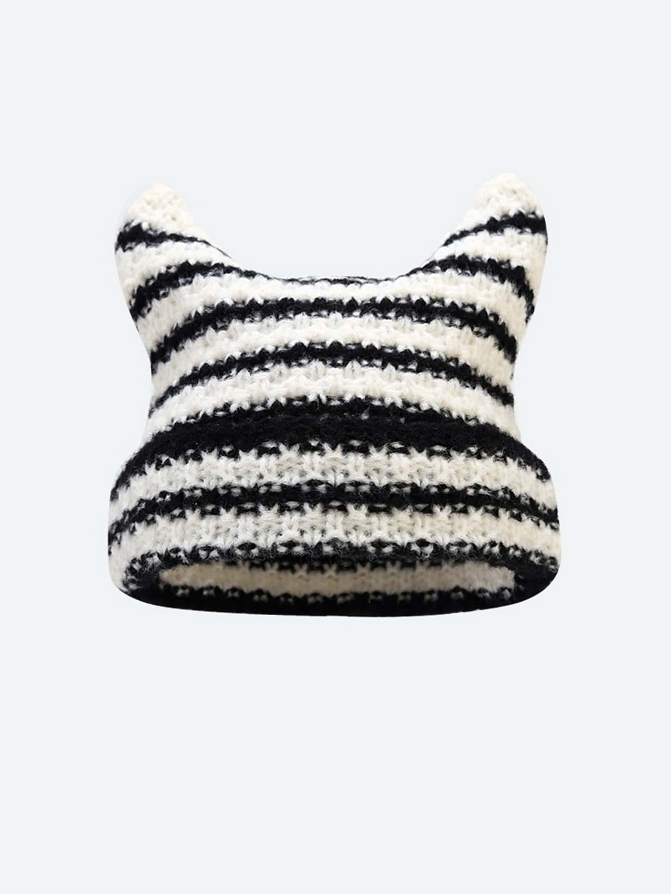 Mũ len trang trí tai họa tiết sọc hoạt hình - Đen và trắng - Xem 1